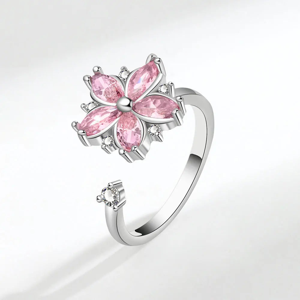Blossom Calm 925 Sterling Silver Pink Crystal Spinner Ring