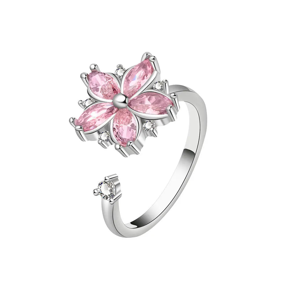 Blossom Calm 925 Sterling Silver Pink Crystal Spinner Ring