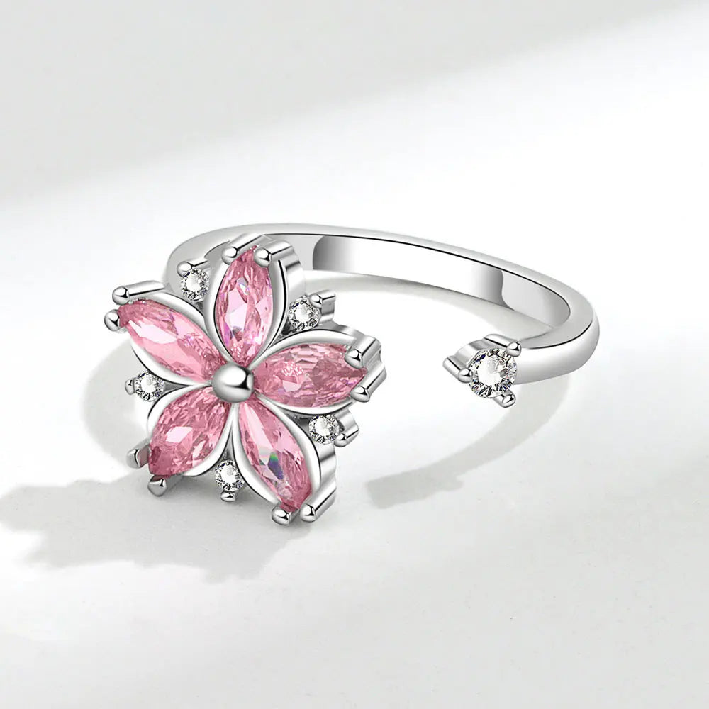 Blossom Calm 925 Sterling Silver Pink Crystal Spinner Ring
